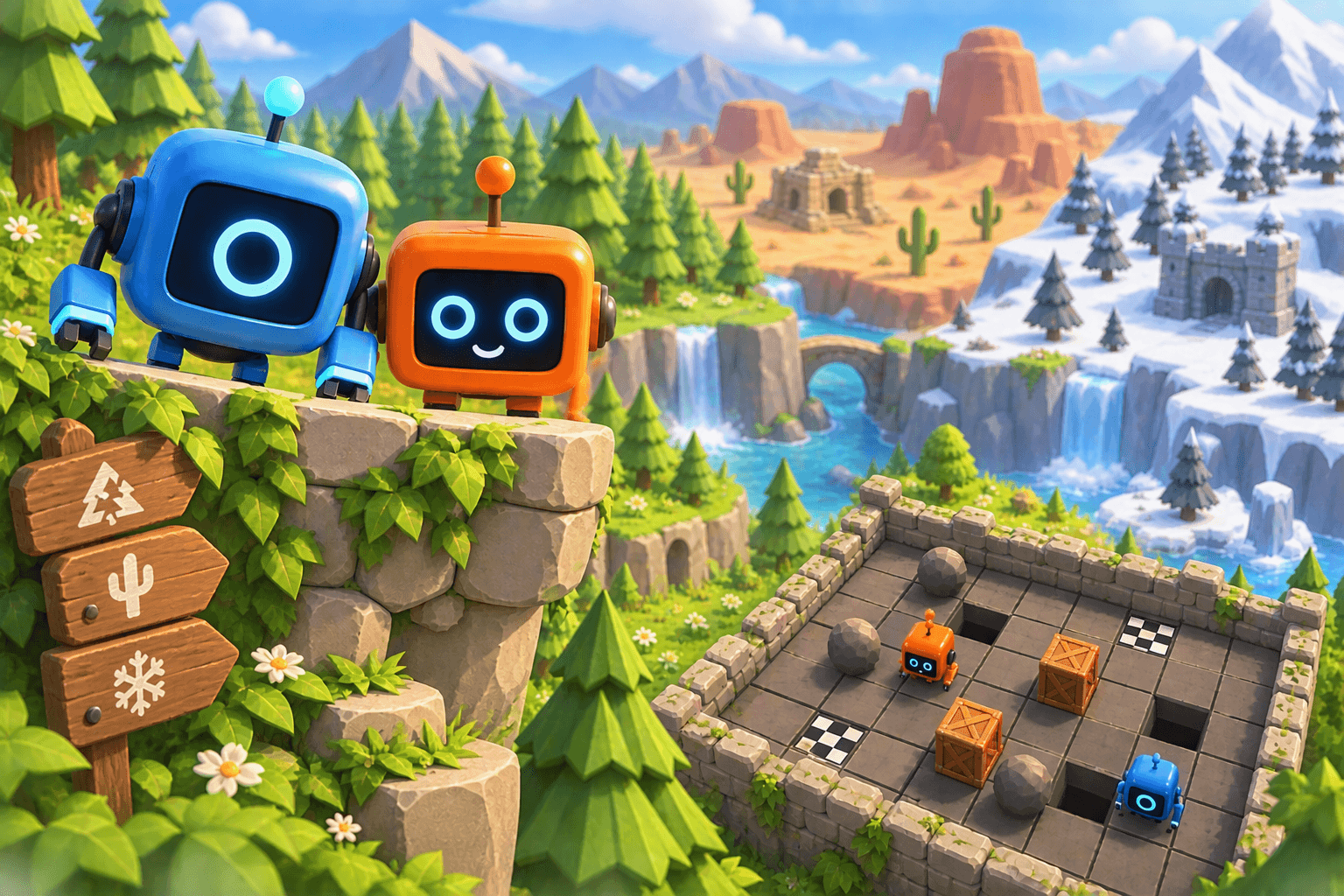 Two robots in a colourful puzzle landscape
